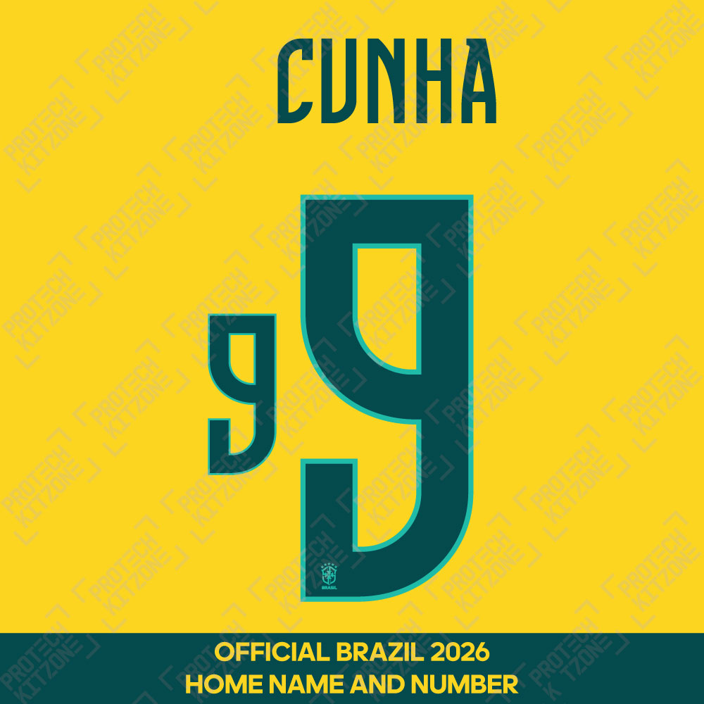 Cunha 9 - Official Brazil 2026 Home Name and Numbering (C9 BRA26HM, Brazil National Team, ) by www.protechkitzone.com Cunha 9 - Official Brazil 2026 Home Name and Numbering