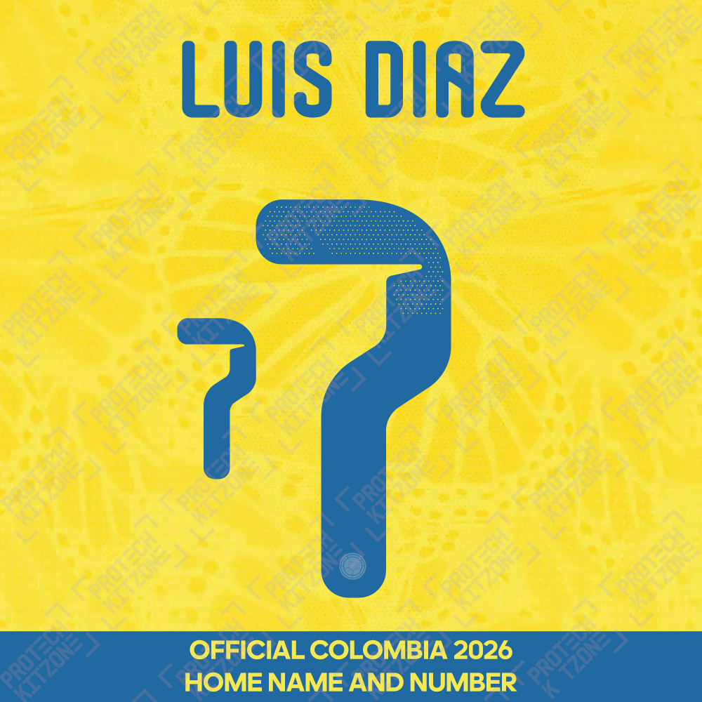 Luis Diaz 7 - Official Colombia 2026 Home Name and Numbering (FCF-26-NNS-Home (Surf Blue)-Luis Díaz - 7, 2026 National Team Printing, ) by www.protechkitzone.com Luis Diaz 7 - Official Colombia 2026 Home Name and Numbering