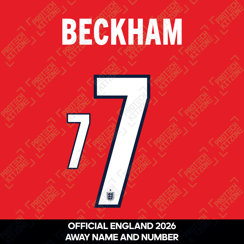 Beckham 7 - Official England 2026 Away Name and Numbering (B7-ENT-26-AW, 2026 National Team Printing, ) by www.protechkitzone.com Beckham 7 - Official England 2026 Away Name and Numbering