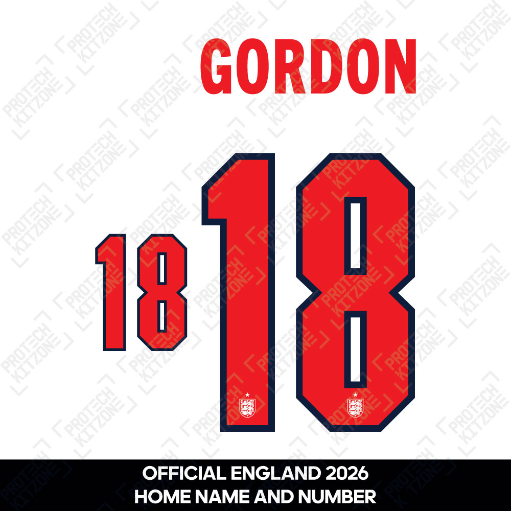 Gordan 18 - Official England 2026 Home Name and Numbering Gordan 18 - Official England 2026 Home Name and Numbering