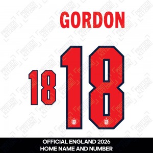 Gordan 18 - Official England 2026 Home Name and Numbering Gordan 18 - Official England 2026 Home Name and Numbering