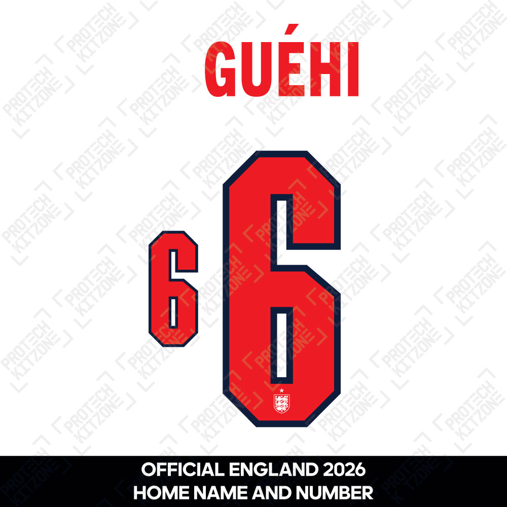 Guehi 6 - Official England 2026 Home Name and Numbering (G6-ENT-26-HM, 2026 National Team Printing, ) by www.protechkitzone.com Guehi 6 - Official England 2026 Home Name and Numbering