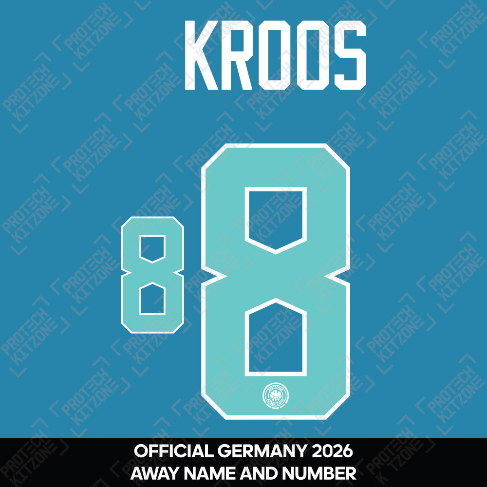 Kroos 8 - Official Germany 2026 Away Name and Numbering (DFB-26-NNS-Away (White/Tiffany)-Kroos - 8, 2026 National Team Printing, ) by www.protechkitzone.com Kroos 8 - Official Germany 2026 Away Name and Numbering
