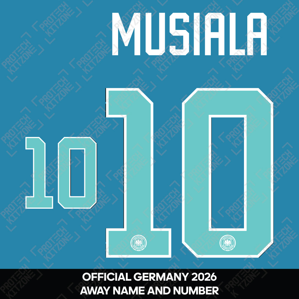 Musiala 10 - Official Germany 2026 Away Name and Numbering (DFB-26-NNS-Away (White/Tiffany)-Musiala - 10, 2026 National Team Printing, ) by www.protechkitzone.com Musiala 10 - Official Germany 2026 Away Name and Numbering
