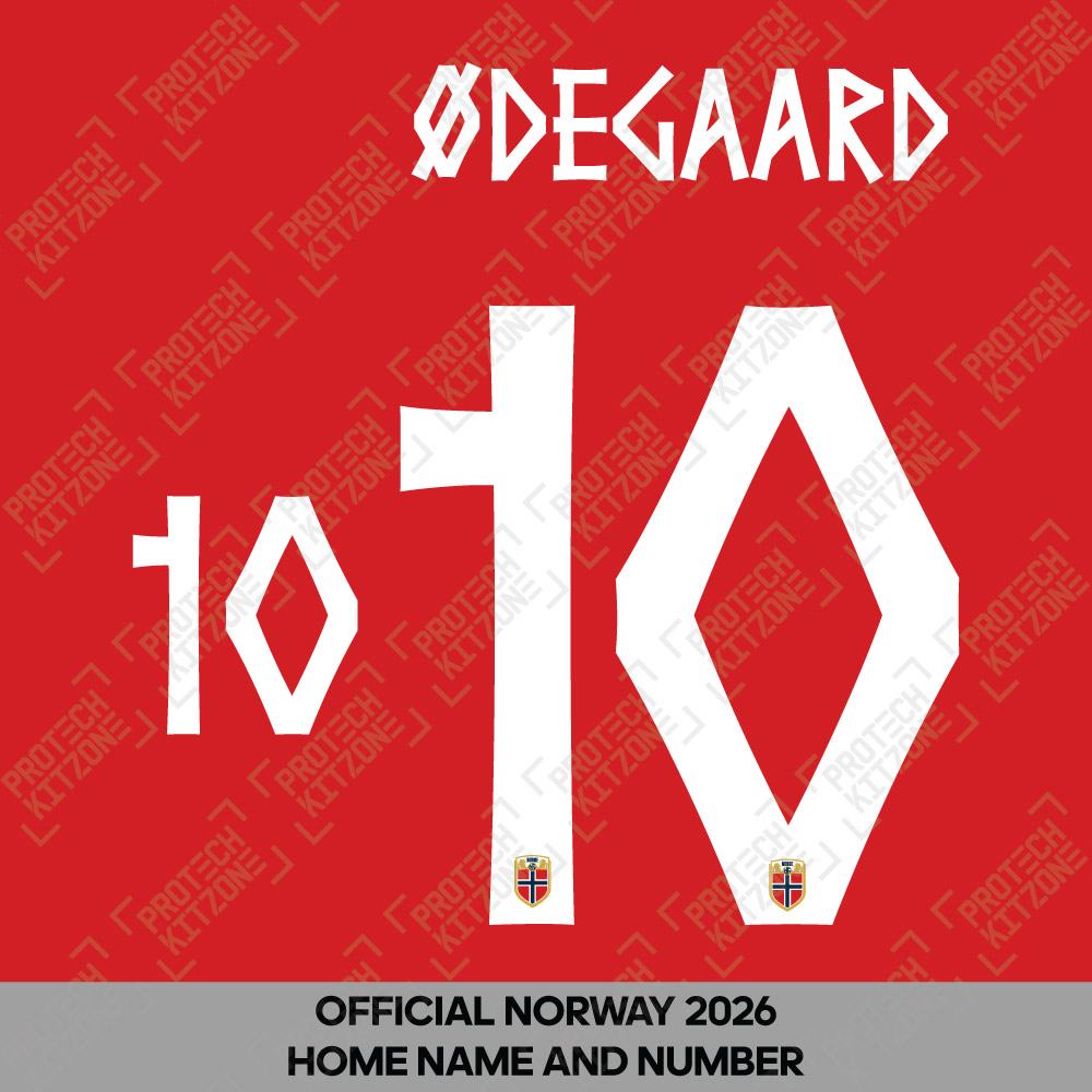 Ødegaard 10 - Official Norway 2026 Home Name and Numbering (O10-NOR-26-HM, 2026 National Team Printing, ) by www.protechkitzone.com Ødegaard 10 - Official Norway 2026 Home Name and Numbering
