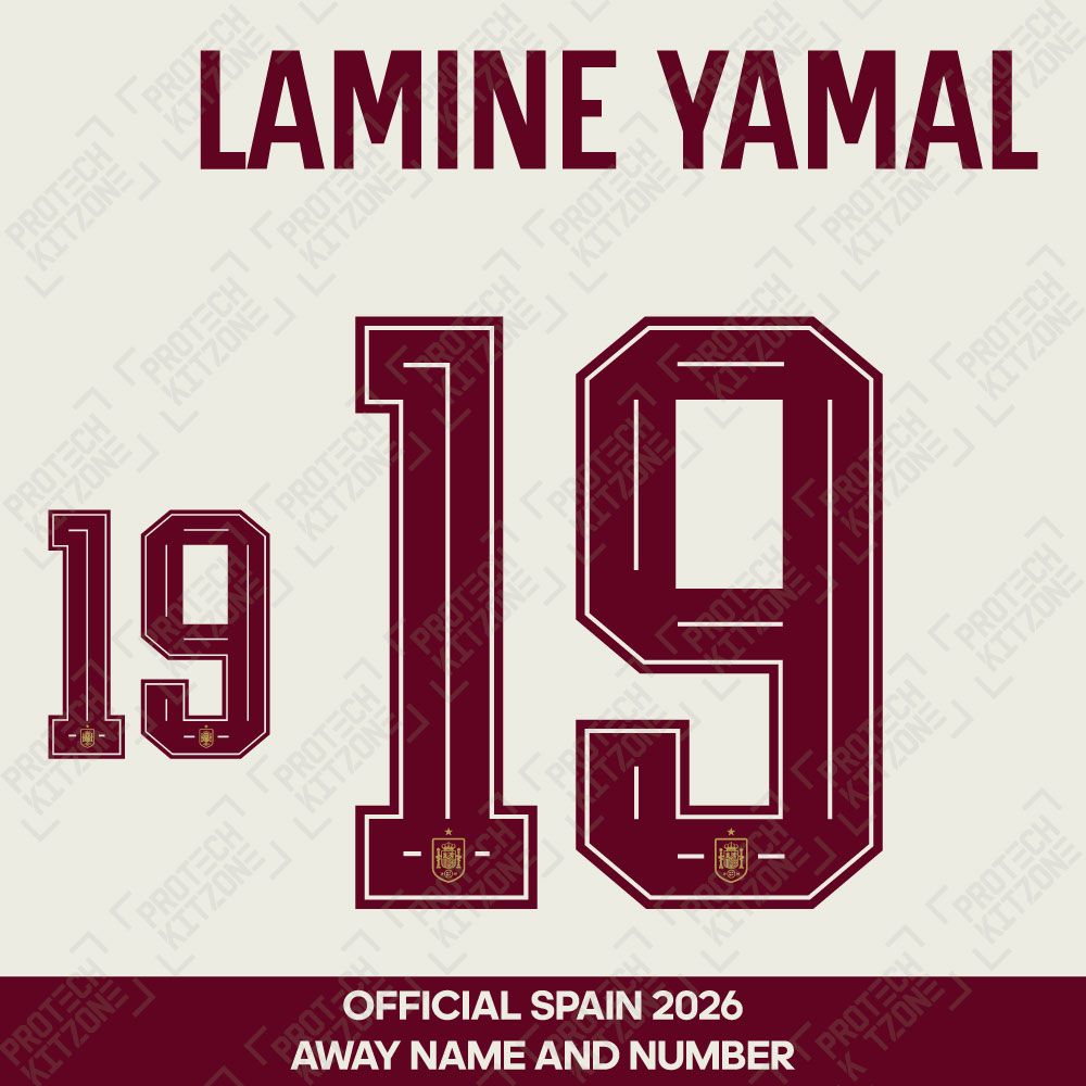 Lamine Yamal 19 - Official Spain 2026 Away Name and Numbering (FEF-26-NNS-Away (Ruby)-Lamine Yamal 19, 2026 National Team Printing, ) by www.protechkitzone.com Lamine Yamal 19 - Official Spain 2026 Away Name and Numbering