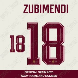 Zubimendi 18 - Official Spain 2026 Away Name and Numbering Zubimendi 18 - Official Spain 2026 Away Name and Numbering