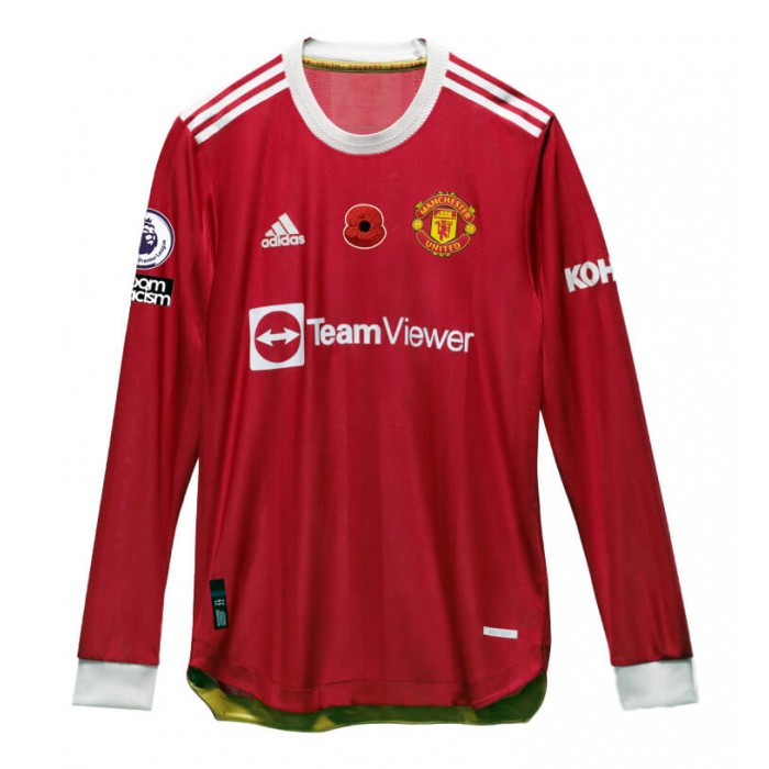 [Limited Player Edition] Manchester United 2021/22 Authentic Long Sleeve Home Shirt Poppy Version + Ronaldo 7 BPL Full Printing, 2021/22 Season Jersey, H58696 POPPY, Adidas