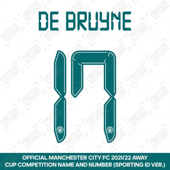 De Bruyne 17 (Official Cup Competition Name and Number Printing for Manchester City 2021/22 Away Shirt)