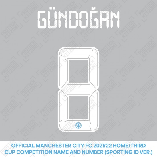 Gündoğan 8 (Official Cup Competition Name and Number Printing for Manchester City 2021/22 Home / Third Shirt)