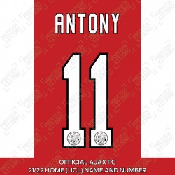 Antony 11 (Official Ajax FC 2021/22 Home UEFA CL Shirt Name and Numbering)
