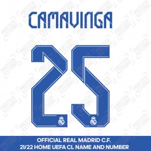 Camavinga 25 (Official Real Madrid FC 2021/22 Home Cup Competition Name and Numbering)