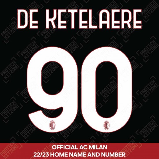 De Ketelaere 90 (Official AC Milan 2022/23 Home Club Name and Numbering)