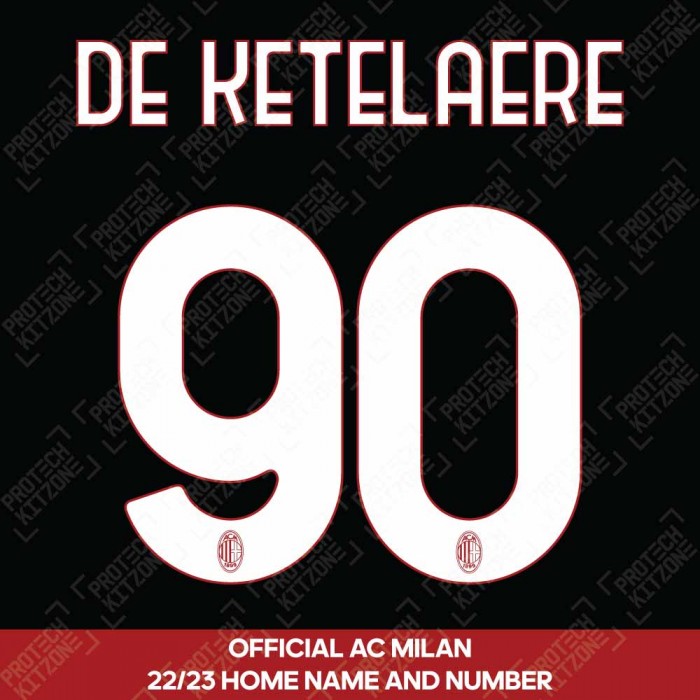 De Ketelaere 90 (Official AC Milan 2022/23 Home Club Name and Numbering), 2022/23 Season Nameset, DK90 ACM2223HNNS, 