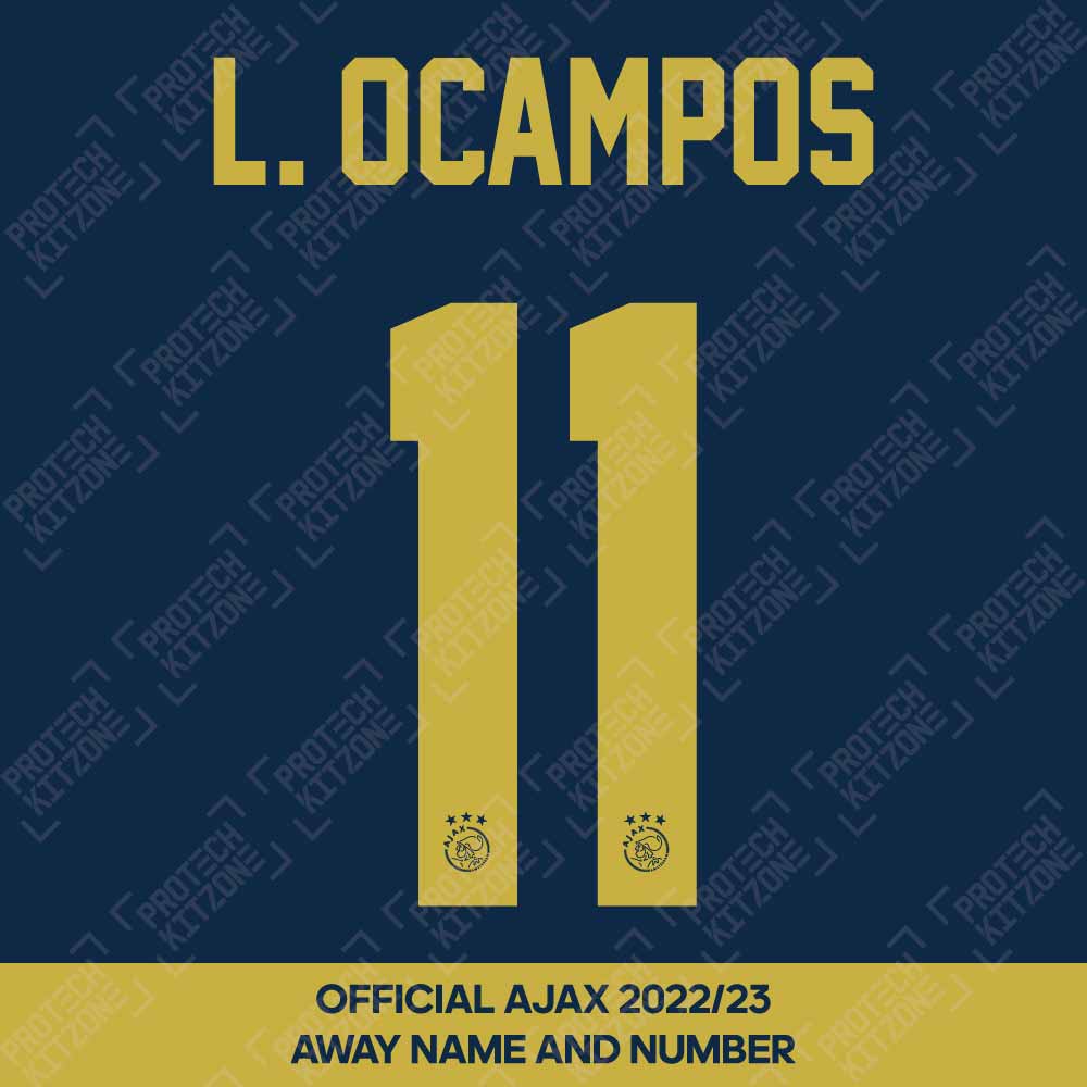 L. Ocampos 11 (Official Ajax FC 2022/23 Away Shirt Name and Numbering) L. Ocampos 11 (Official Ajax FC 2022/23 Away Shirt Name and Numbering)