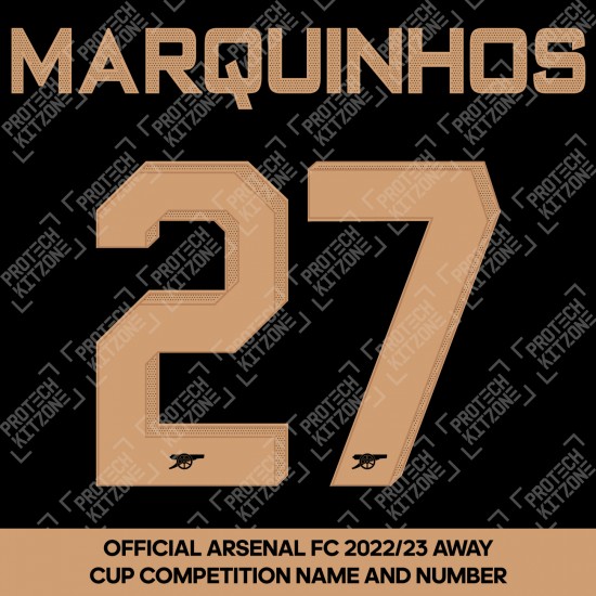 Marquinhos 27 (Official Arsenal 2022/23 Away Club Name and Numbering)