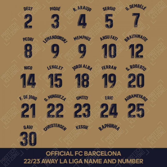Official FC Barcelona 2022/23 Away La Liga Version Competition Name and Numbering, 2022/23 Season Namesets, FCB2223ALFPNNS, 