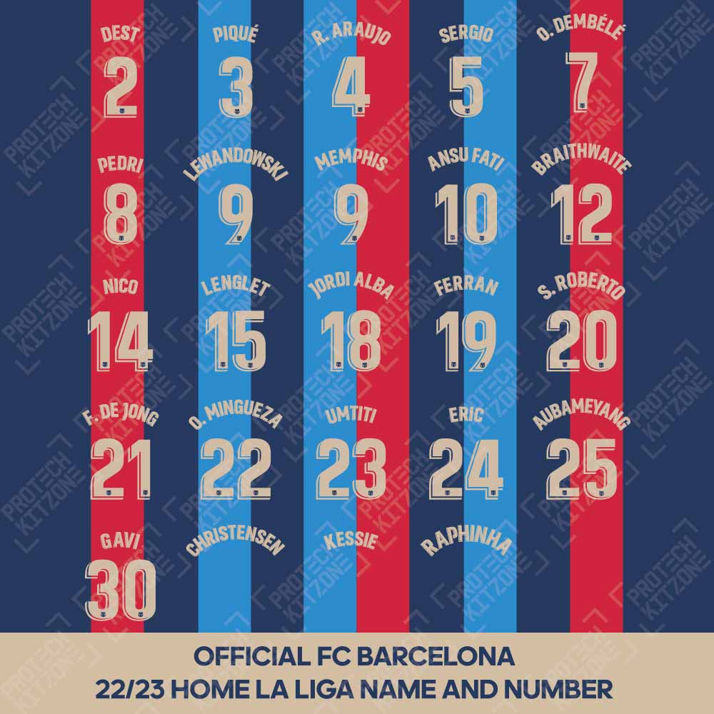 Official FC Barcelona 2022/23 Home La Liga Version Competition Name and Numbering, 2022/23 Season Namesets, FCB2223HLFPNNS, 