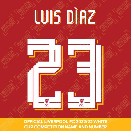 Luis Dìaz 23 (Official Liverpool FC White Club Name and Numbering) - Season 2022/23 Onwards