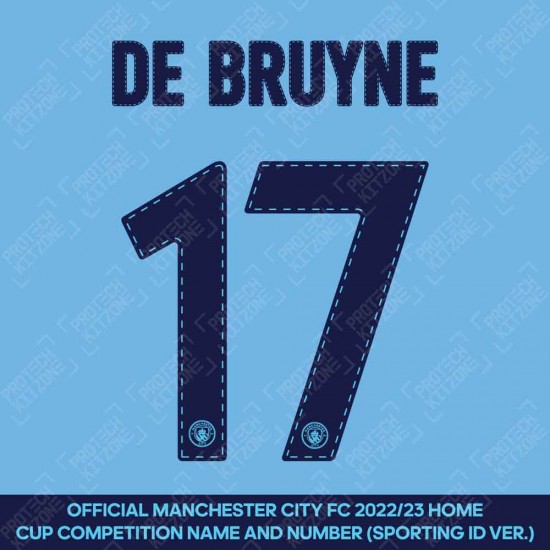 De Bruyne 17 (Official Cup Competition Name and Number Printing for Manchester City 2022/23 Home Shirt)