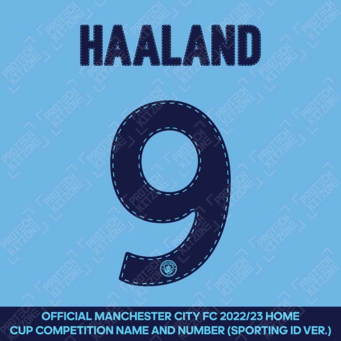 Haaland 9 (Official Cup Competition Name and Number Printing for Manchester City 2022/23 Home Shirt), 2022/23 Season Nemesets, H9MCFC2223H, 