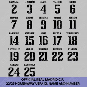 Official Real Madrid FC 2022/23 Home / Away UEFA CL Competition Name and Numbering