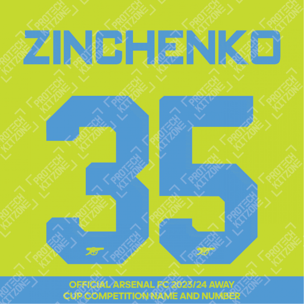 Zinchenko 35 (Official Arsenal 2023/24 Away Club Name and Numbering) Zinchenko 35 (Official Arsenal 2023/24 Away Club Name and Numbering)