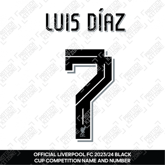 Luis Diaz 7 (Official Liverpool FC Black Club Name and Numbering) - Season 2022/23 Onwards