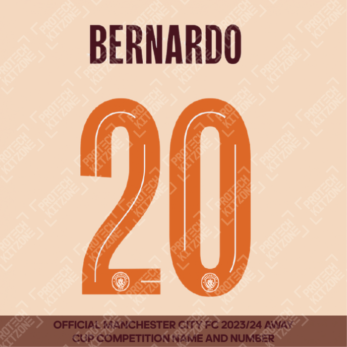 Bernardo 20 (Official Cup Competition Name and Number Printing for Manchester City 2023/24 Away Shirt)
