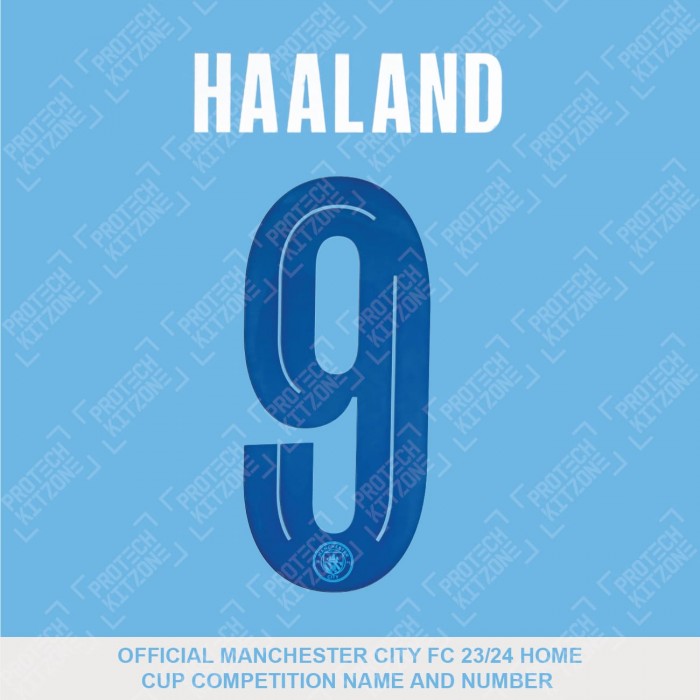 Haaland 9 (Official Cup Competition Name and Number Printing for Manchester City 2023/24 Home Shirt)