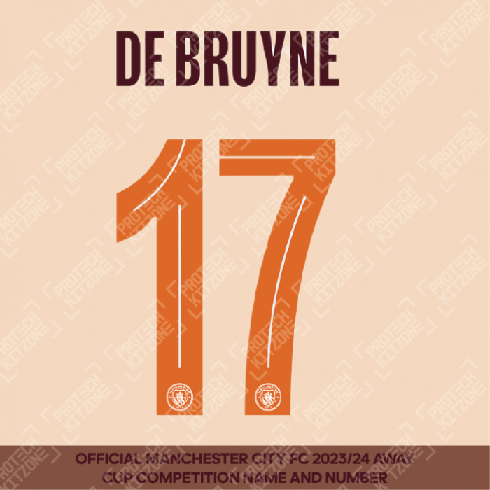 De Bruyne 17 (Official Cup Competition Name and Number Printing for Manchester City 2023/24 Away Shirt)