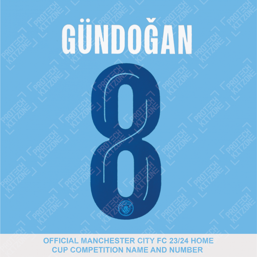 Gündoğan 8 (Official Cup Competition Name and Number Printing for Manchester City 2023/24 Home Shirt) Gündoğan 8 (Official Cup Competition Name and Number Printing for Manchester City 2023/24 Home Shirt)
