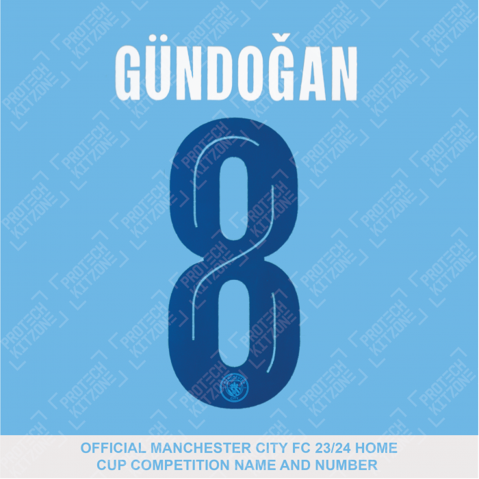 Gündoğan 8 (Official Cup Competition Name and Number Printing for Manchester City 2023/24 Home Shirt)