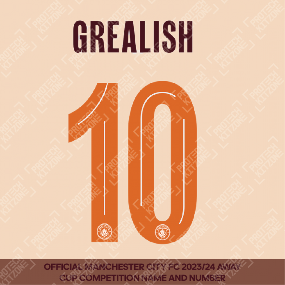 Grealish 10 (Official Cup Competition Name and Number Printing for Manchester City 2023/24 Away Shirt) Grealish 10 (Official Cup Competition Name and Number Printing for Manchester City 2023/24 Away Shirt)