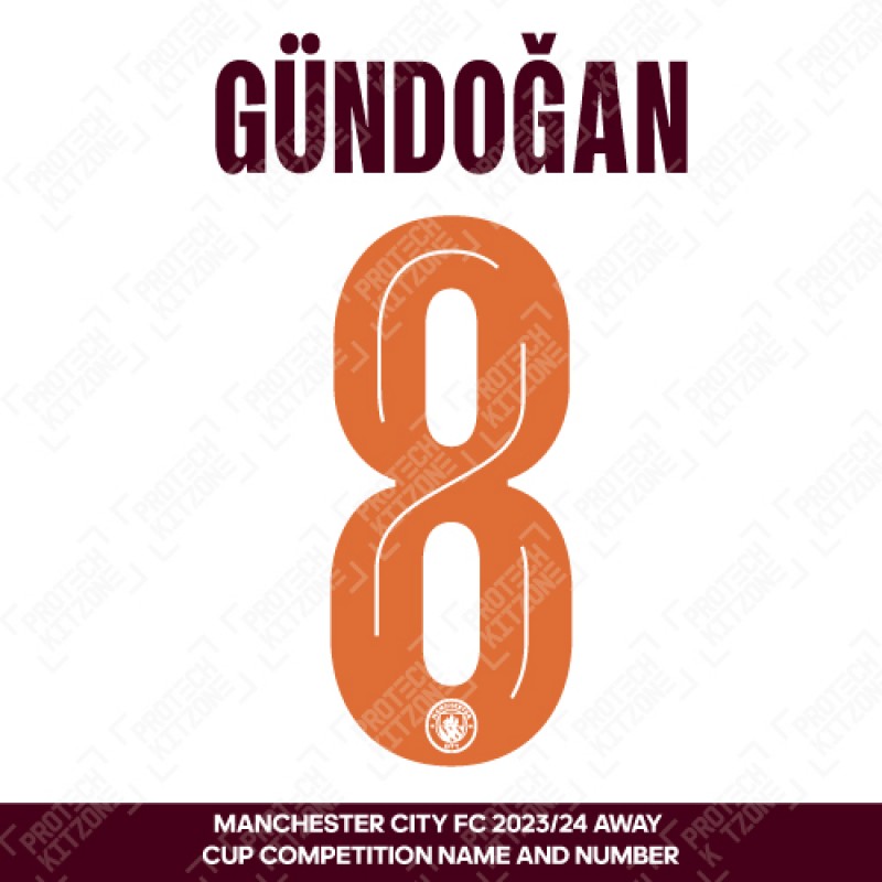  Gündoğan 8 (Official Cup Competition Name and Number Printing for Manchester City 2023/24 Away Shirt)