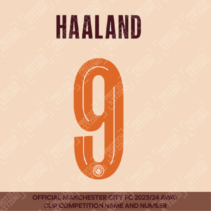 Haaland 9 (Official Cup Competition Name and Number Printing for Manchester City 2023/24 Away Shirt)