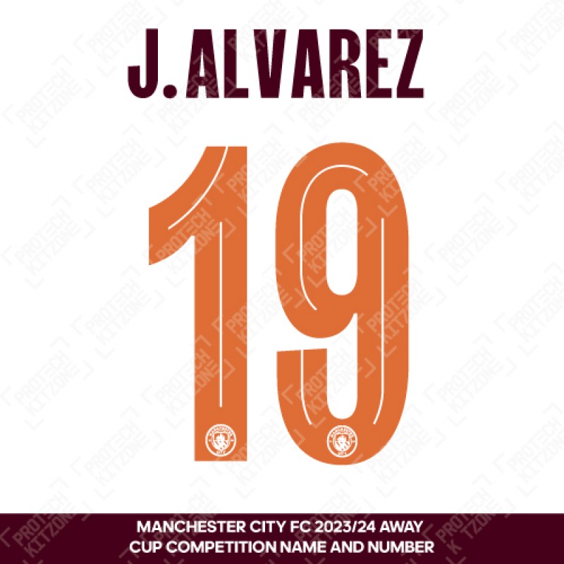J. Alvarez 19 (Official Cup Competition Name and Number Printing for Manchester City 2023/24 Away Shirt)