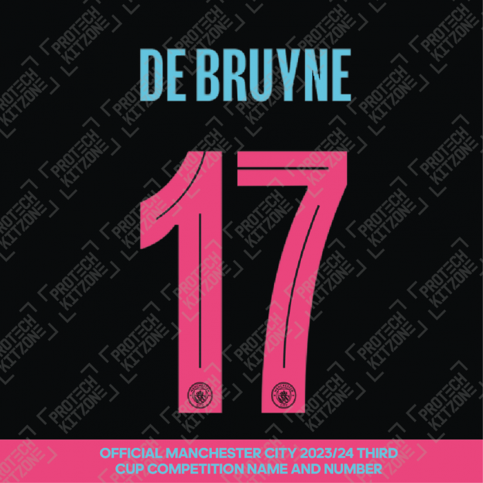De Bruyne 17 (Official Cup Competition Name and Number Printing for Manchester City 2023/24 Third Shirt)