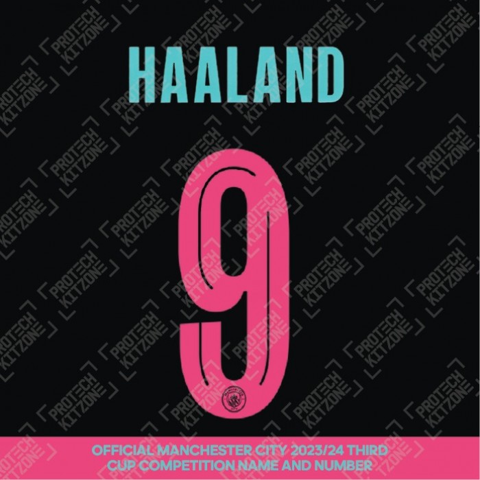 Haaland 9 (Official Cup Competition Name and Number Printing for Manchester City 2023/24 Third Shirt)