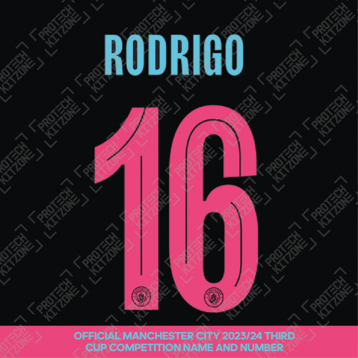 Rodrigo 16 (Official Cup Competition Name and Number Printing for Manchester City 2023/24 Third Shirt)