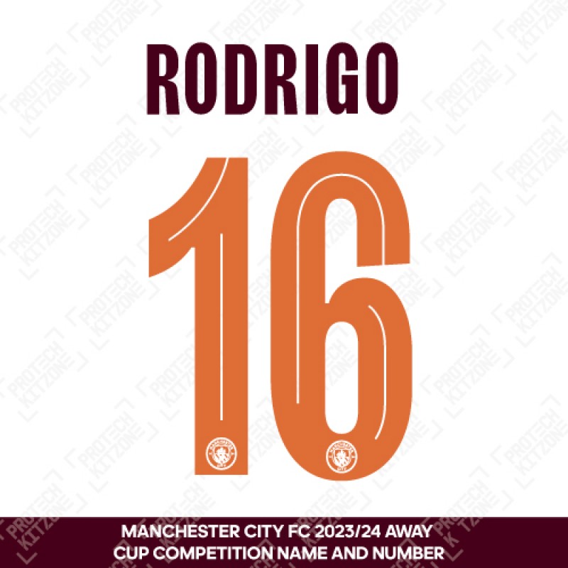 Rodrigo 16 (Official Cup Competition Name and Number Printing for Manchester City 2023/24 Away Shirt)