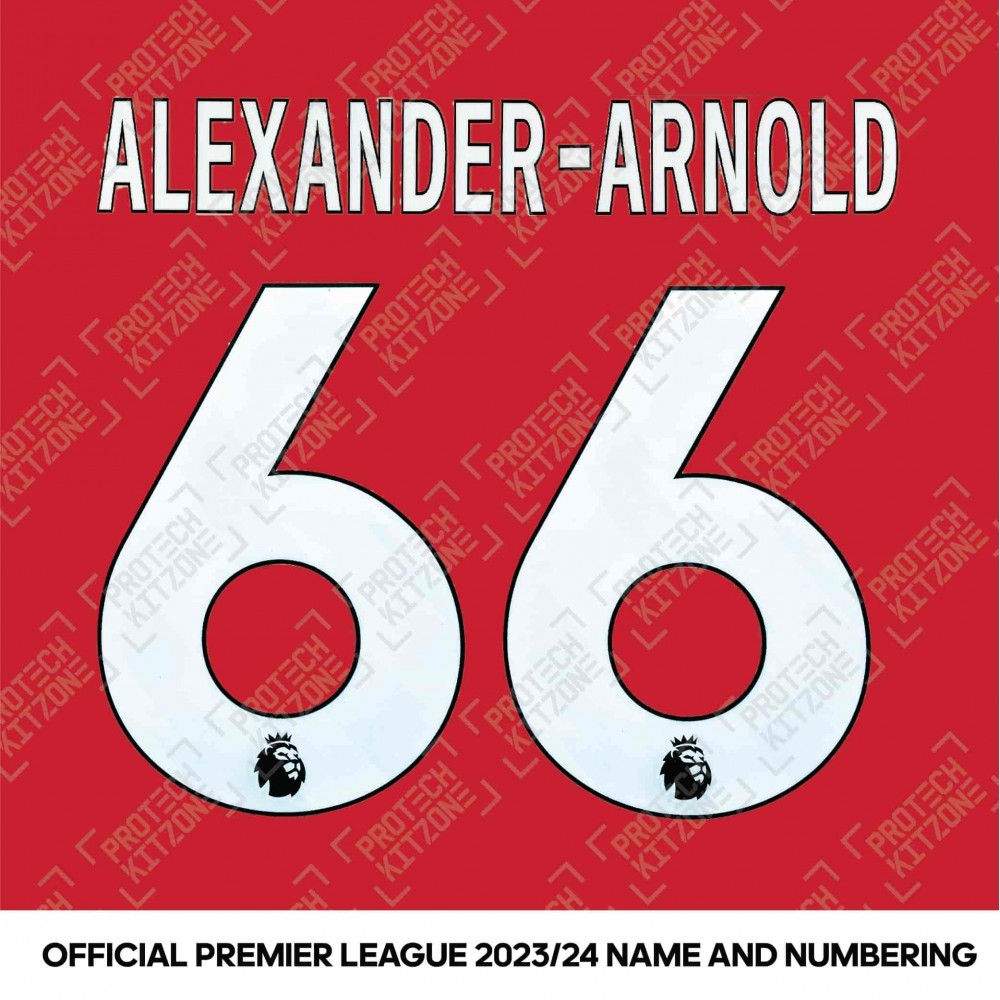Alexander-Arnold 66 (Official 2023/24 Onwards Premier League White Name and Numbering - Special Nameblock) Alexander-Arnold 66 (Official 2023/24 Onwards Premier League White Name and Numbering - Special Nameblock)