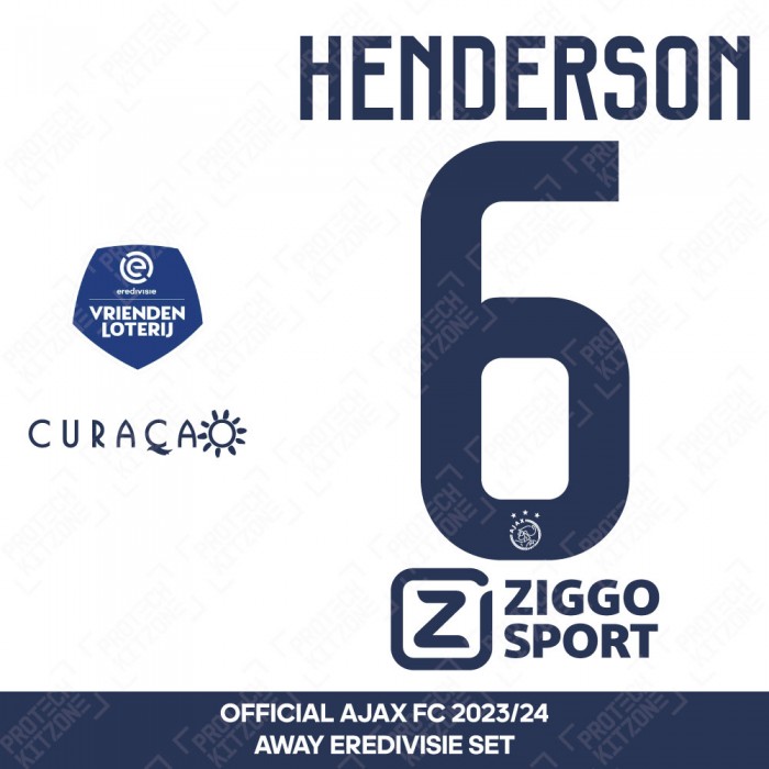 Henderson 6 + Eredivisie Sleeve Patch + Curacao + Ziggo Sport (Ajax 2023/24 Away Shirt Full Printing Set) 