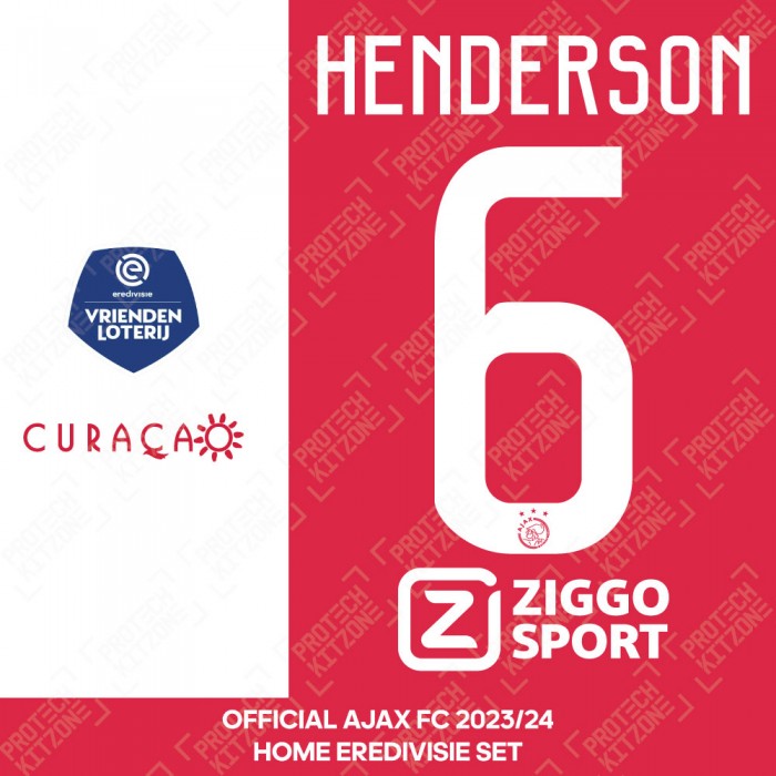 Henderson 6 + Eredivisie Sleeve Patch + Curacao + Ziggo Sport (Ajax 2023/24 Home Shirt Full Printing Set) 