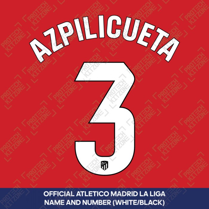 Azpilicueta 3 (Official Atletico Madrid 2023/24 White / Black Name and Numbering - La Liga Version) 