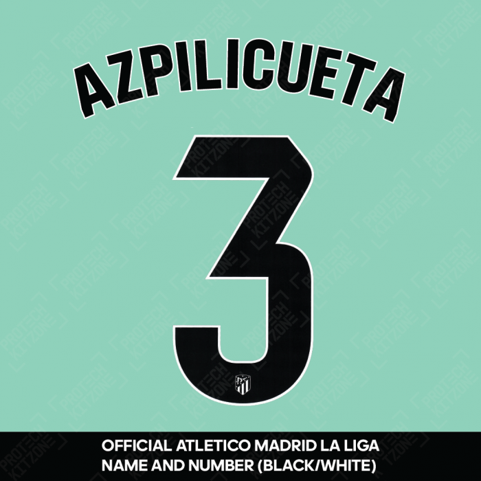 Azpilicueta 3 (Official Atletico Madrid 2023/24 Black / White Name and Numbering - La Liga Version) 