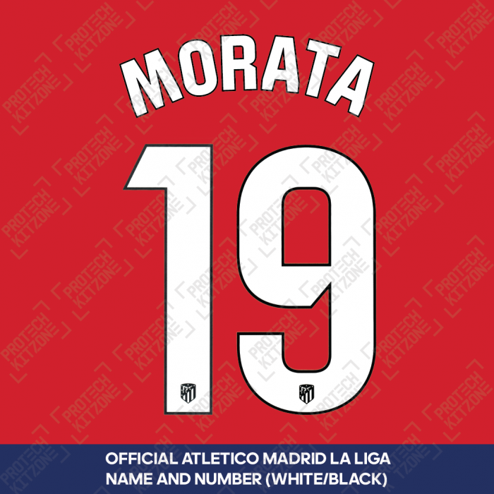 Morata 19 (Official Atletico Madrid 2023/24 White / Black Name and Numbering - La Liga Version) 