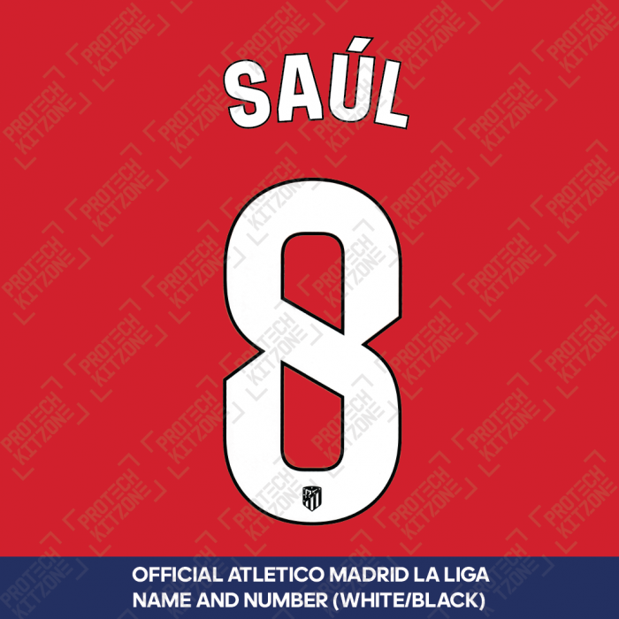 Saúl 8 (Official Atletico Madrid 2023/24 White / Black Name and Numbering - La Liga Version) 
