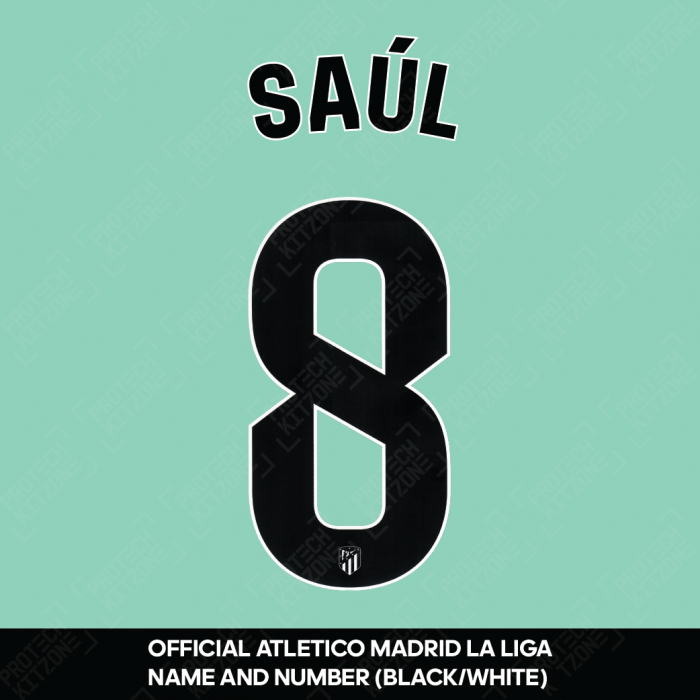 Saul 8 (Official Atletico Madrid 2023/24 Black / White Name and Numbering - La Liga Version) 