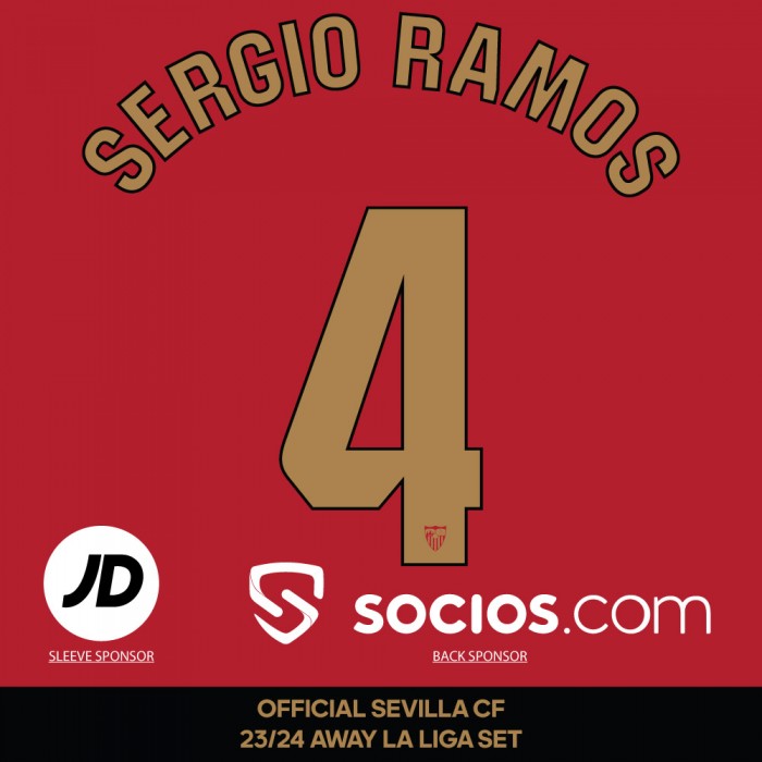 Sergio Ramos 4 + JD + socios.com (Official Sevilla CF 2023/24 Away Shirt La Liga Printing Set) 